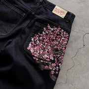 Y2K Baggy Wide Leg Jeans Cherry Blossom Selvedge Embroidery Denim Pants Unisex American Hiphop Streetwear Ankle-Length