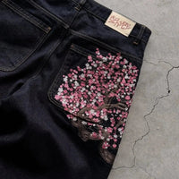 Y2K Baggy Wide Leg Jeans Cherry Blossom Selvedge Embroidery Denim Pants Unisex American Hiphop Streetwear Ankle-Length