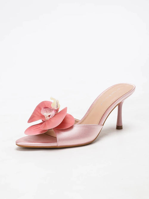 Champagne Satin Orchid Mules Slip-On Sandals with Thin Heels