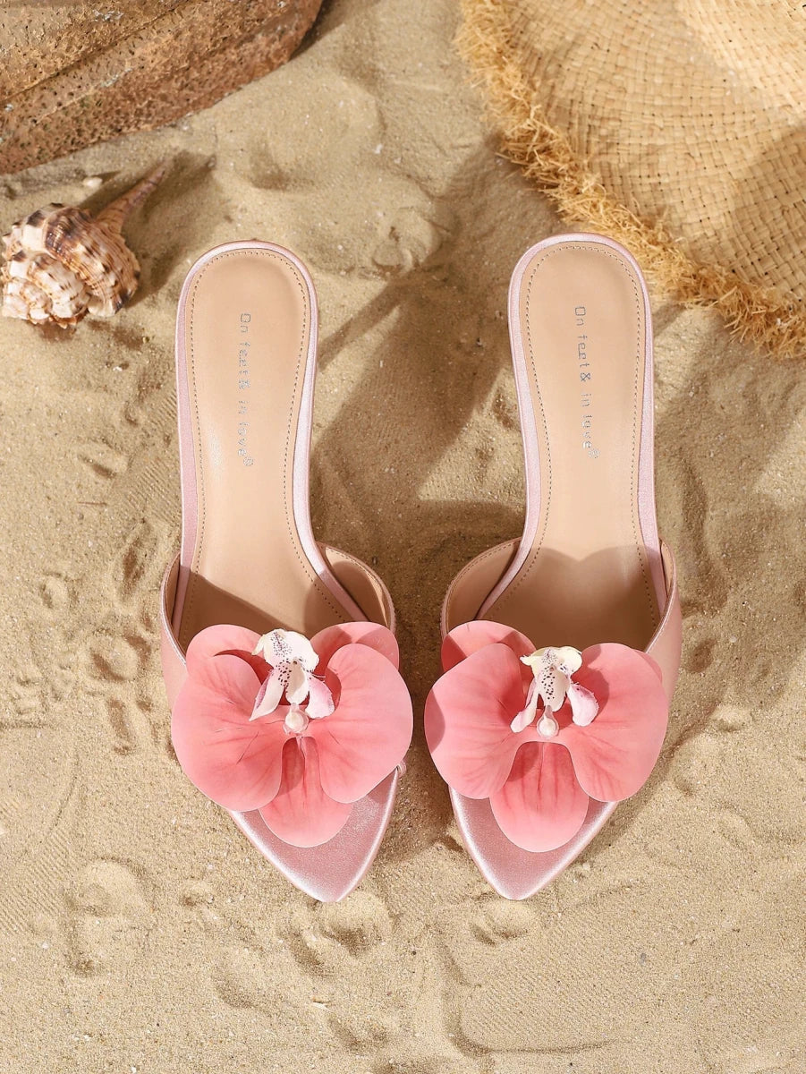 Champagne Satin Orchid Mules Slip-On Sandals with Thin Heels