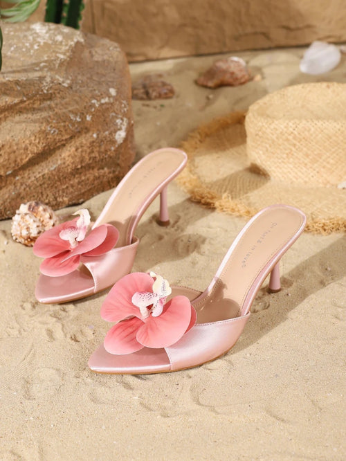 Champagne Satin Orchid Mules Slip-On Sandals with Thin Heels