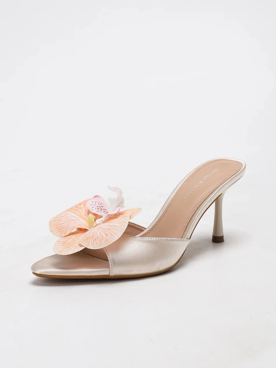 Champagne Satin Orchid Mules Slip-On Sandals with Thin Heels