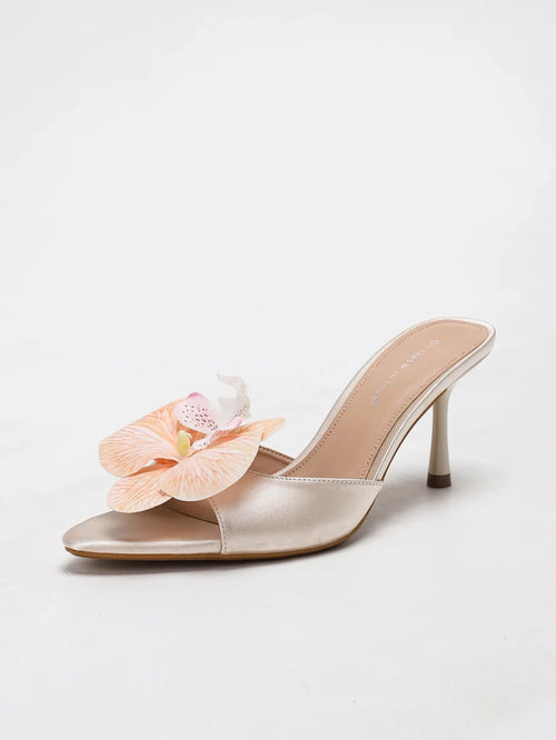 Champagne Satin Orchid Mules Slip-On Sandals with Thin Heels