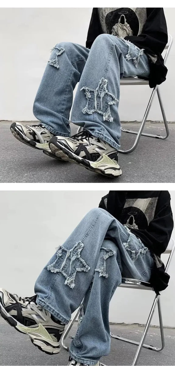 Distressed star-hole jeans with chunky sneakers, modern casual streetwear style