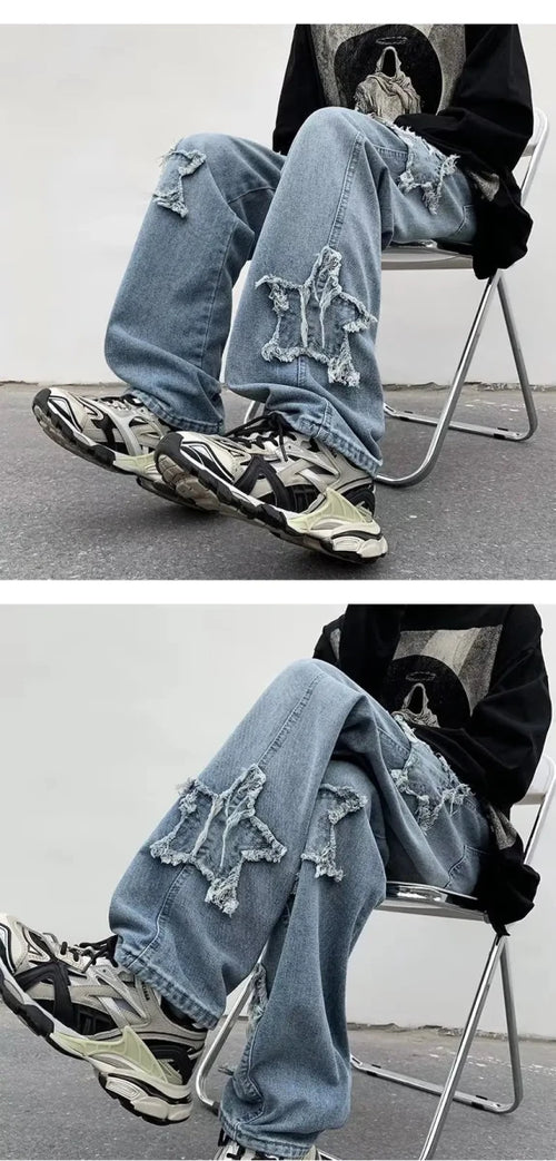Distressed star-hole jeans with chunky sneakers, modern casual streetwear style