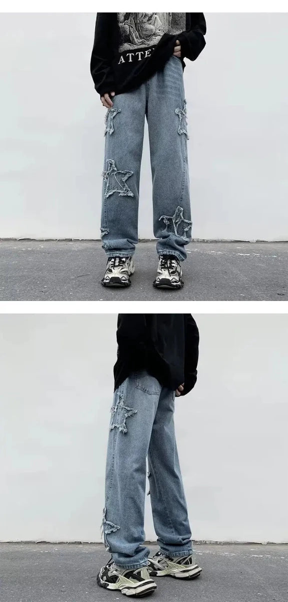 Wide-leg distressed jeans with star rips, paired with graphic tee and chunky sneakers for streetwear style