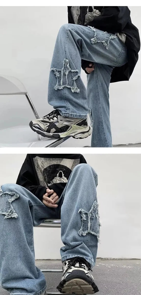 Distressed star-cut jeans with chunky sneakers, modern casual streetwear style