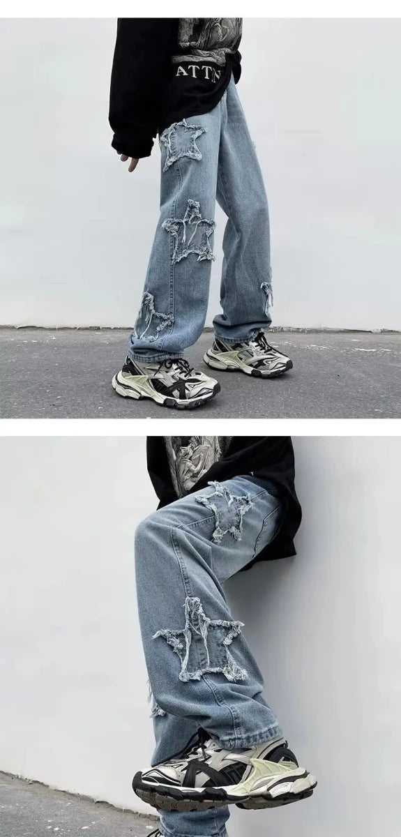 Star ripped jeans with chunky sneakers, modern streetwear style for everyday comfort