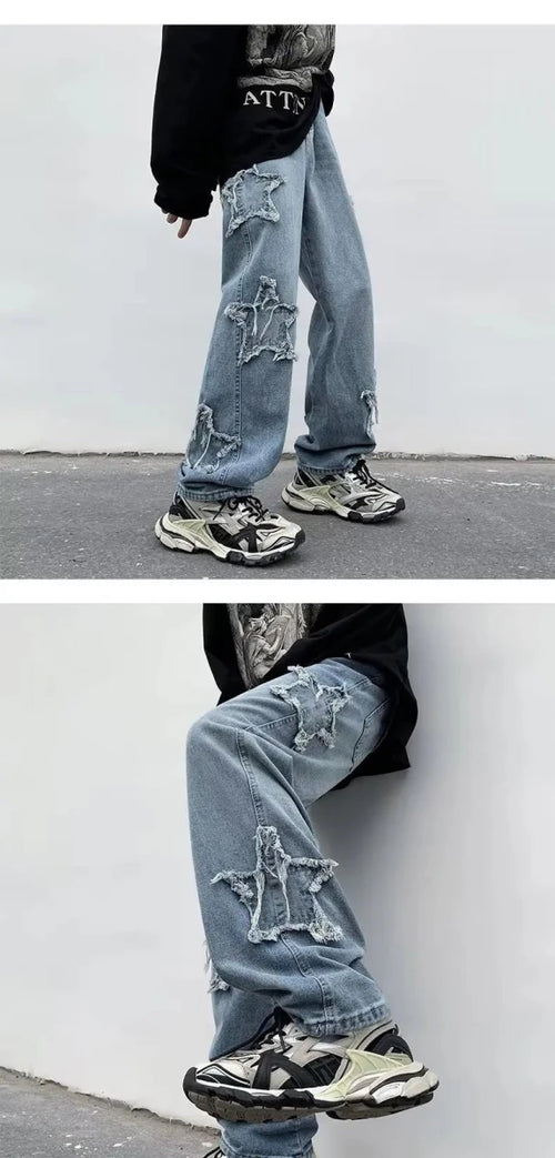 Star ripped jeans with chunky sneakers, modern streetwear style for everyday comfort