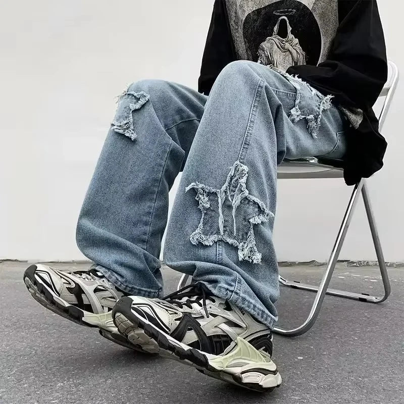 Distressed star-hole jeans with chunky sneakers, modern streetwear style