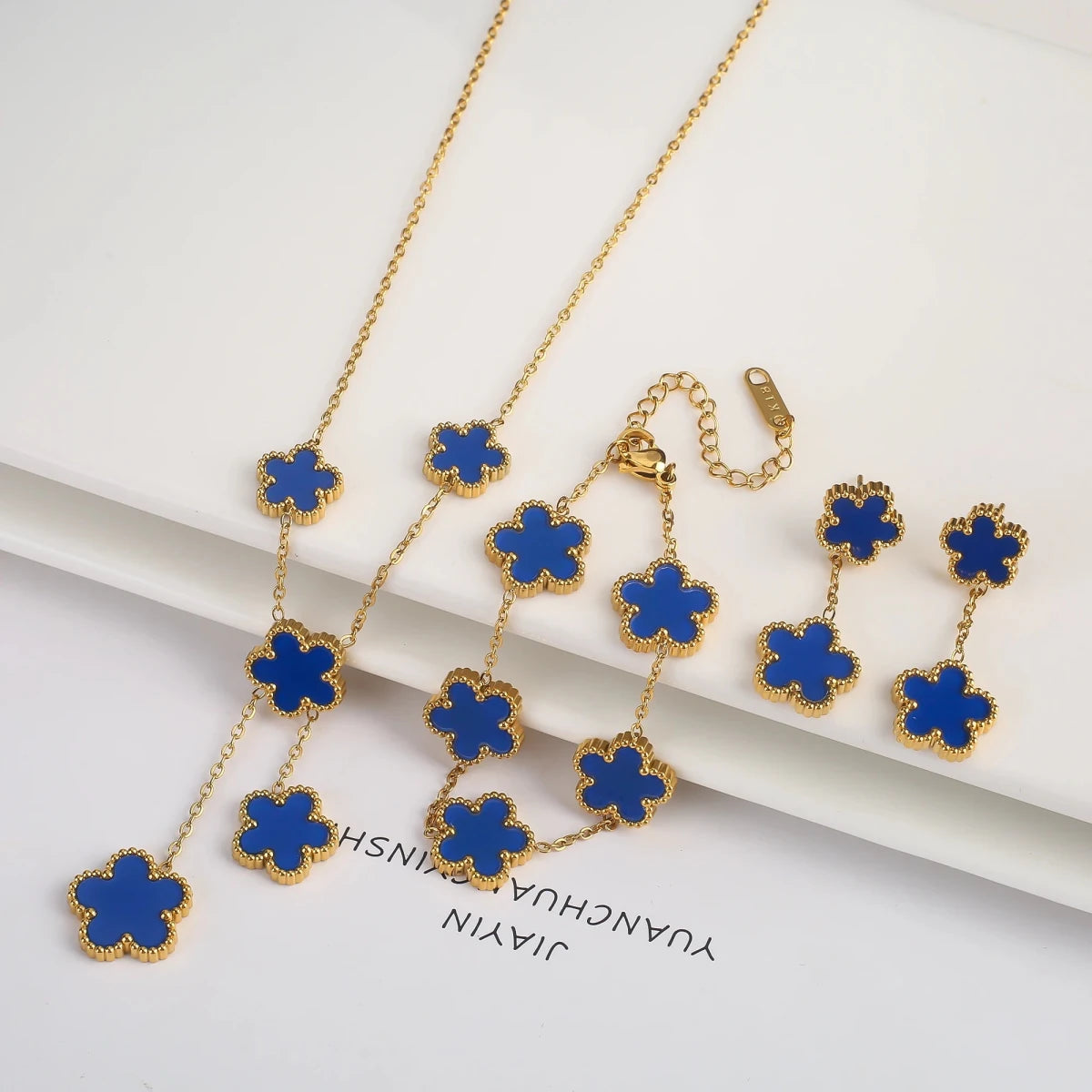Five Leaf Clover Three Piece Jewelry Set 18K Gold Plated Necklace Earrings Bracelet for Women Everyday Elegance