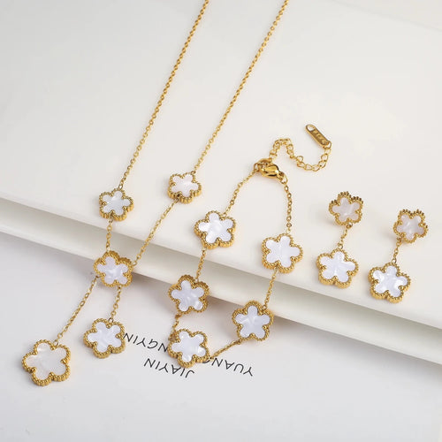 Five Leaf Clover Three Piece Jewelry Set 18K Gold Plated Necklace Earrings Bracelet for Women Everyday Elegance
