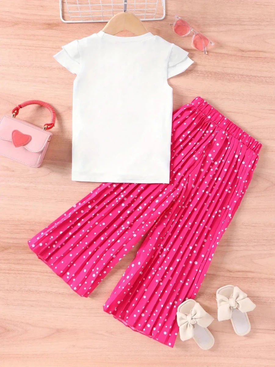 DIALLO & FAMILLY Young Girls 3-Season Set: white T-shirt and pink polka-dot pleated skirt