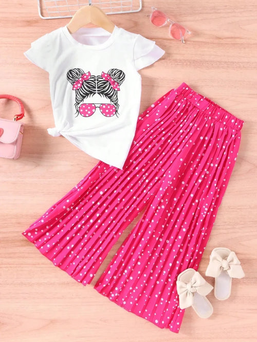 Young Girls Fashion 3-Season Set white T-shirt with portrait pattern graphic and pink polka-dot woven pants