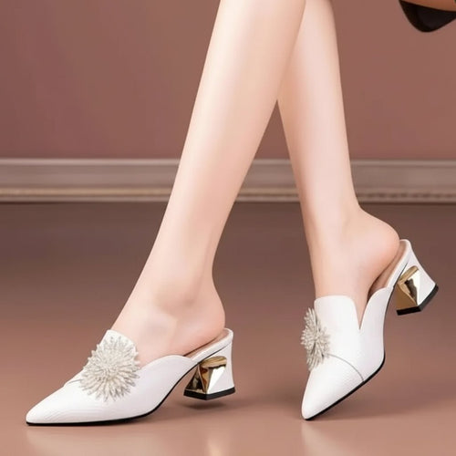 Marlisasa Women Slip On Square Heel Pumps With Pearl Detail Lightweight Comfort For All Day Wear