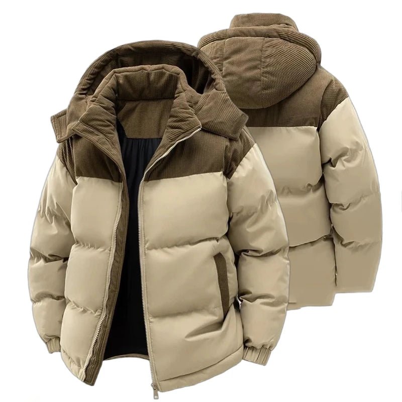 Men’s Colorblock Hooded Puffer Jacket with Textured Panels Men's Jackets