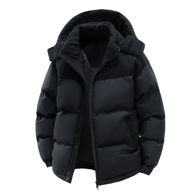 Men’s Colorblock Hooded Puffer Jacket with Textured Panels Men's Jackets