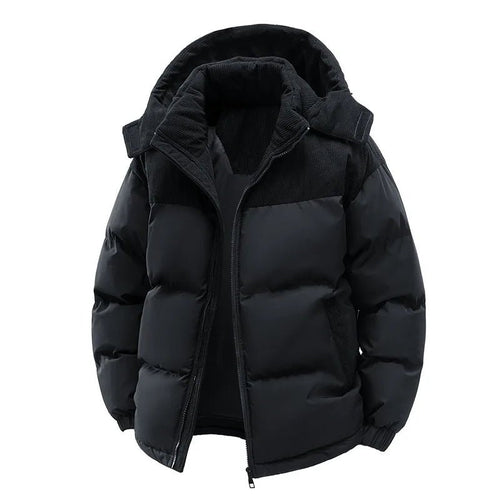 Men’s Colorblock Hooded Puffer Jacket with Textured Panels Men's Jackets
