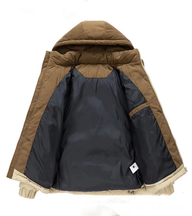 Men’s Colorblock Hooded Puffer Jacket with Textured Panels Men's Jackets
