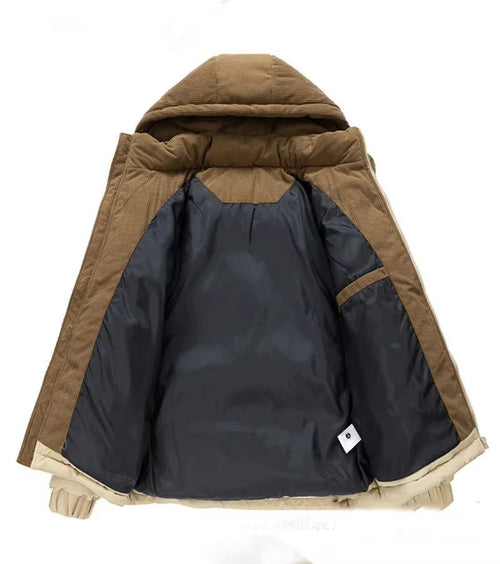 Men’s Colorblock Hooded Puffer Jacket with Textured Panels Men's Jackets