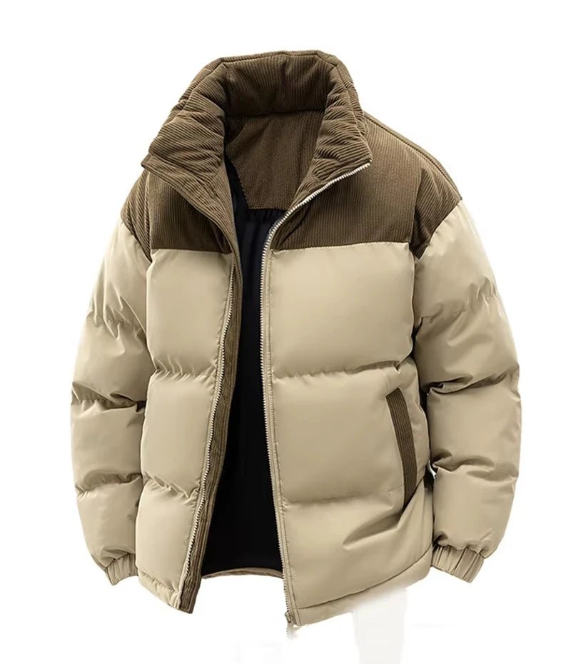 Men’s Colorblock Hooded Puffer Jacket with Textured Panels Men's Jackets