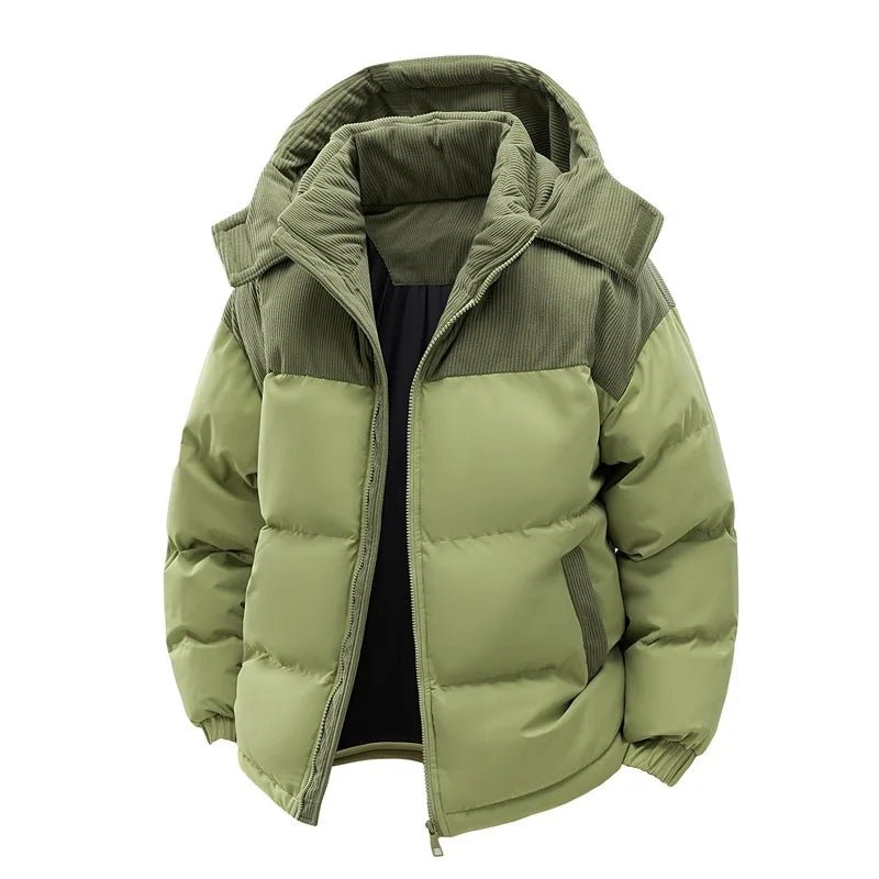 Men’s Colorblock Hooded Puffer Jacket with Textured Panels Men's Jackets