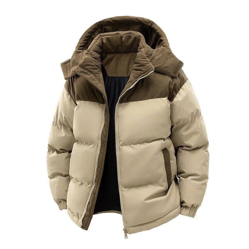 Men’s Colorblock Hooded Puffer Jacket with Textured Panels Men's Jackets