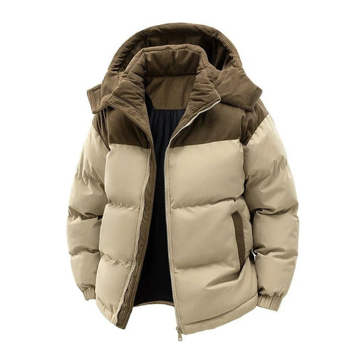 Men’s Colorblock Hooded Puffer Jacket with Textured Panels Men's Jackets