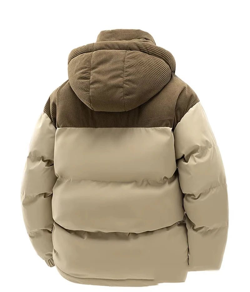 Men’s Colorblock Hooded Puffer Jacket with Textured Panels Men's Jackets