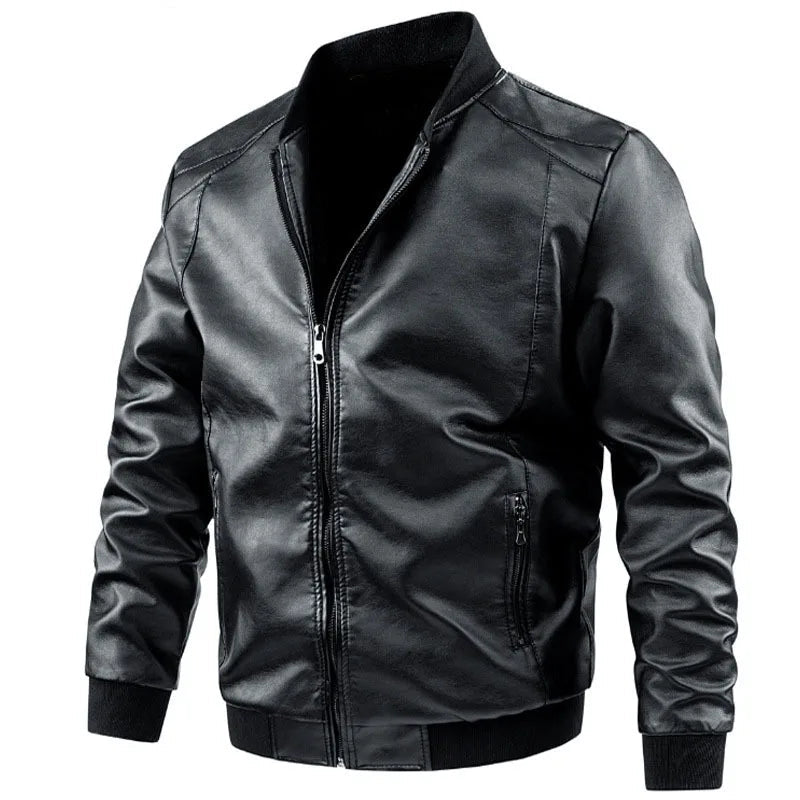 Men’s Faux Leather Bomber Jacket with Ribbed Trim Men's Jackets
