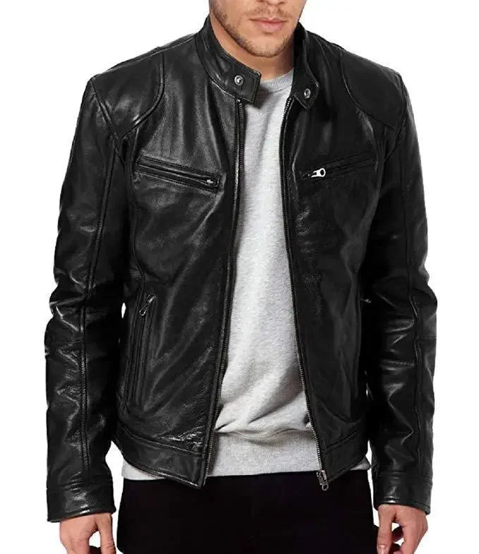 Men’s Faux Leather Stand-Collar Biker Jacket Men's Jackets
