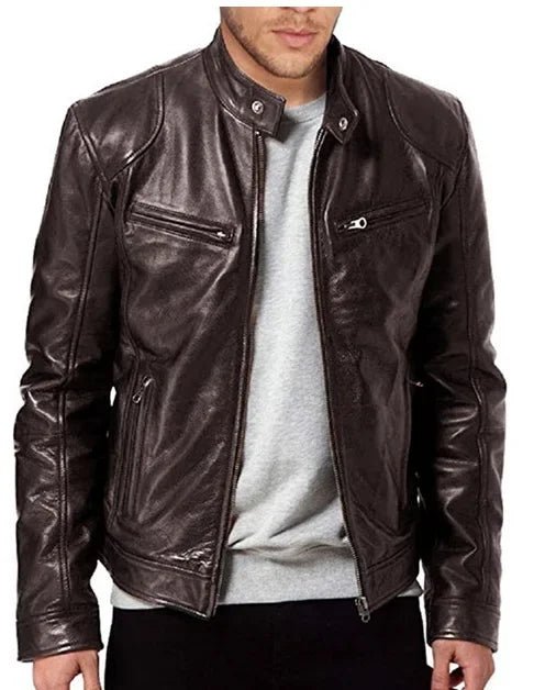 Men’s Faux Leather Stand-Collar Biker Jacket Men's Jackets