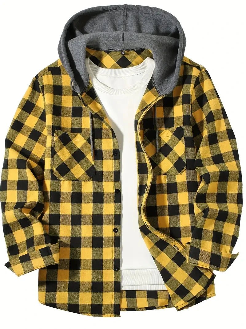 Men’s Hooded Plaid Button-Up Shirt Men's Shirts