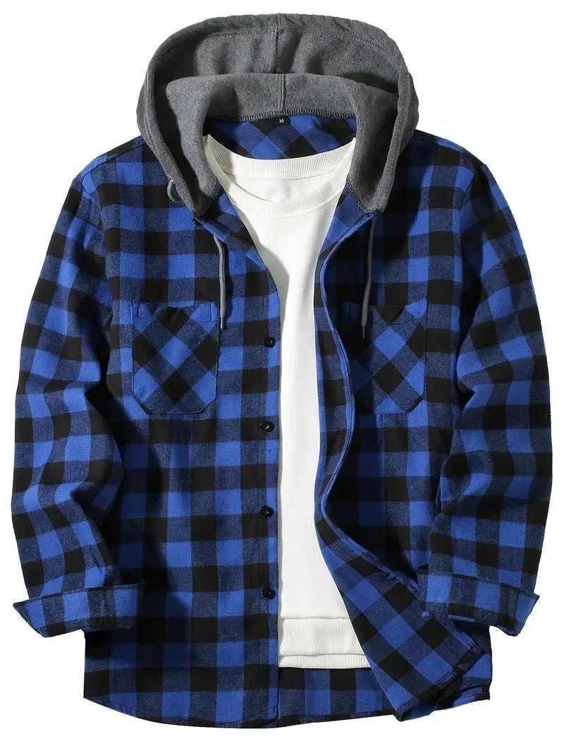 Men’s Hooded Plaid Button-Up Shirt Men's Shirts