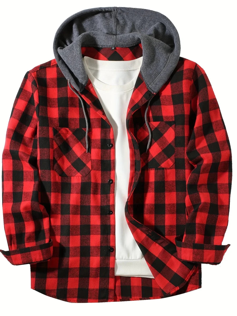 Men’s Hooded Plaid Button-Up Shirt Men's Shirts