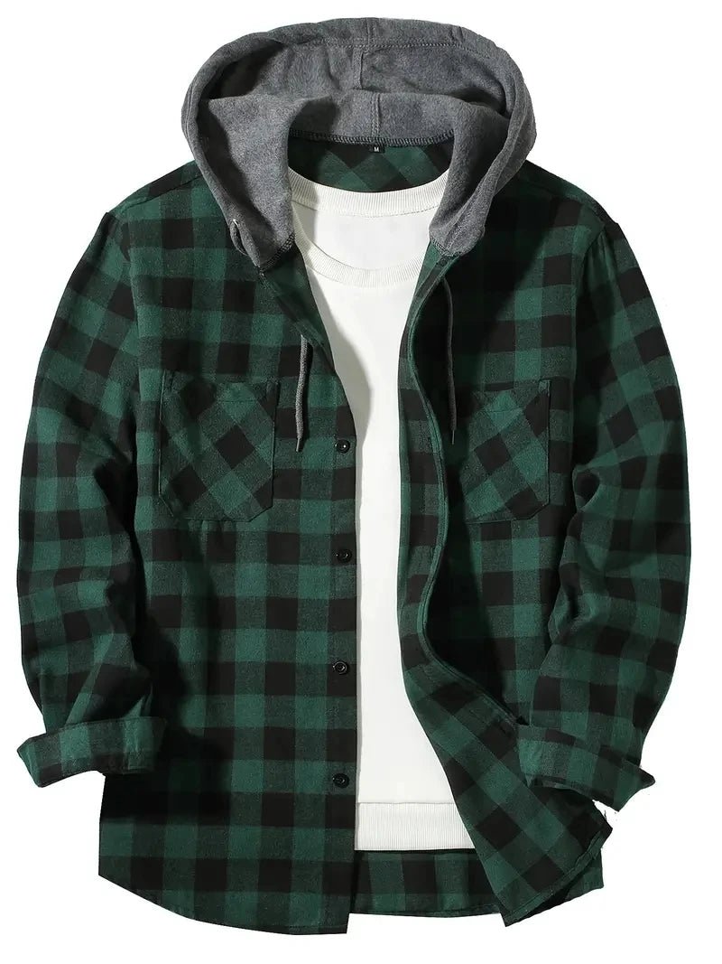Men’s Hooded Plaid Button-Up Shirt Men's Shirts