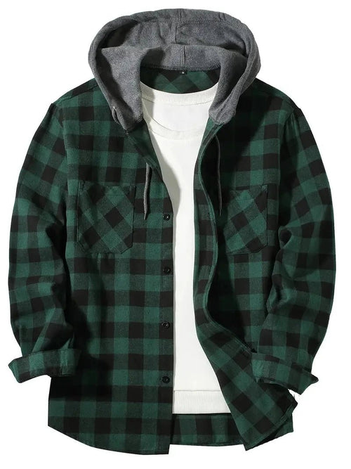 Men’s Hooded Plaid Button-Up Shirt Men's Shirts