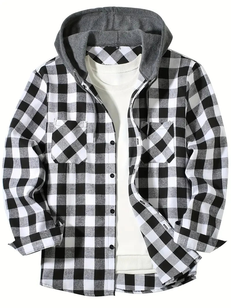 Men’s Hooded Plaid Button-Up Shirt Men's Shirts
