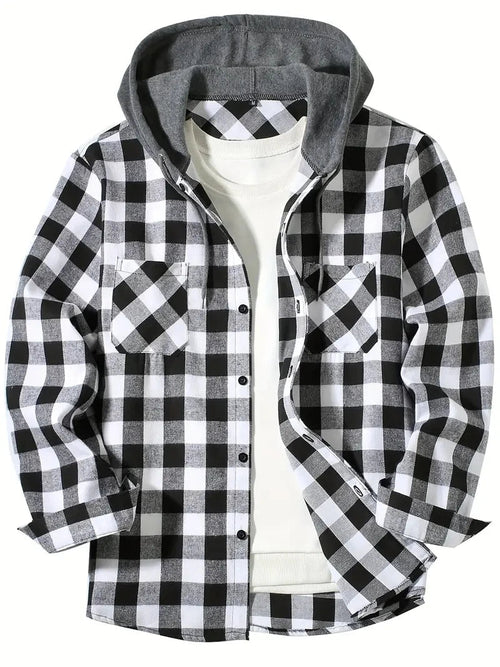 Men’s Hooded Plaid Button-Up Shirt Men's Shirts