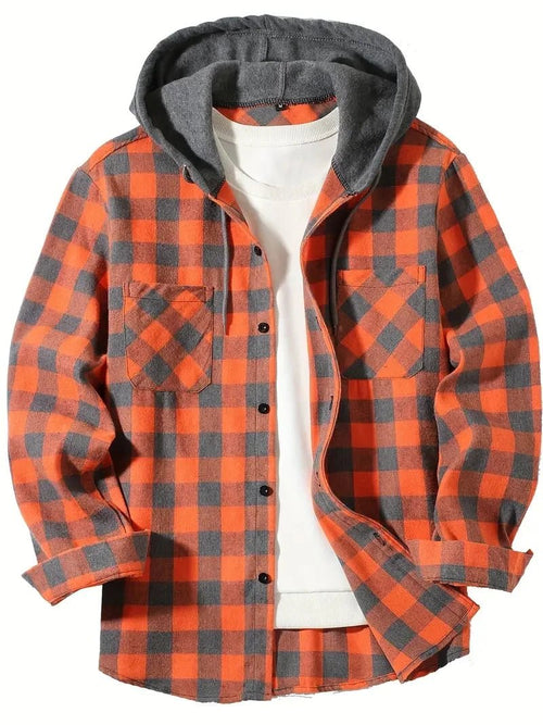 Men’s Hooded Plaid Button-Up Shirt Men's Shirts
