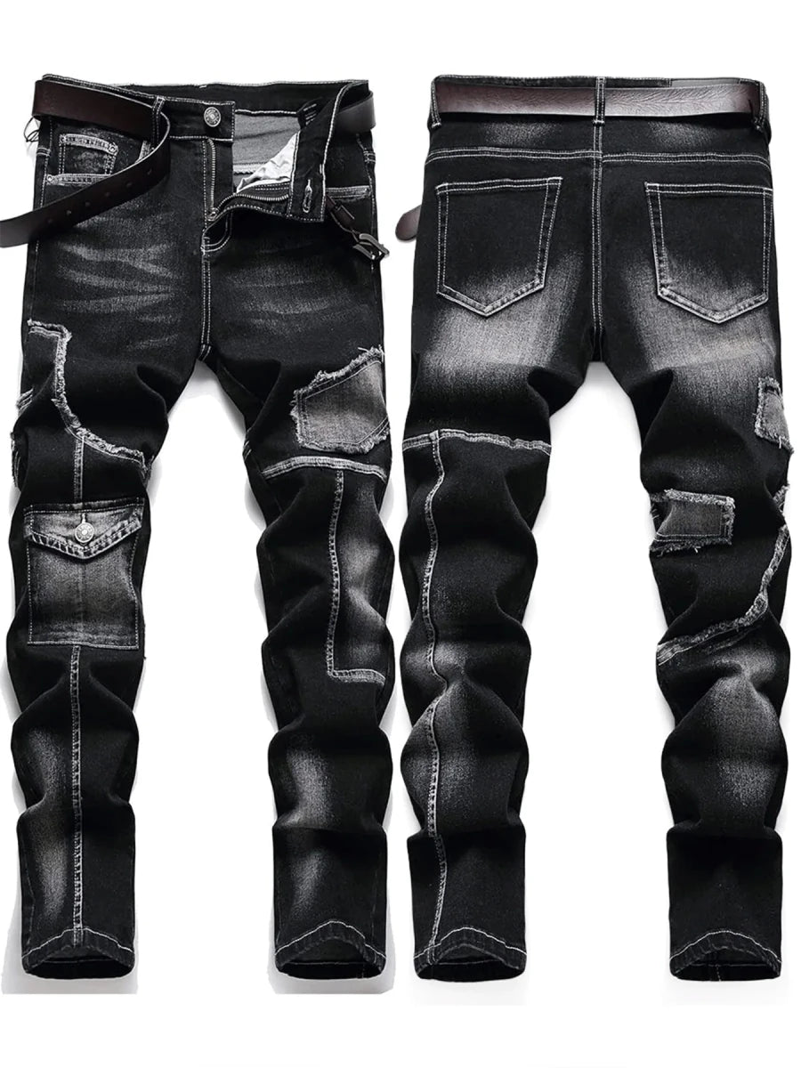Men's Mid - High Waist Fringed Jeans - Streetwear Inspired, Solid Color, All Season Comfort