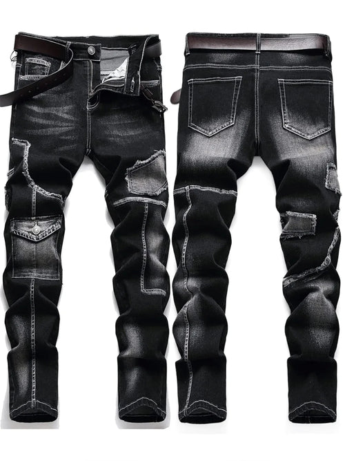 Men's Mid - High Waist Fringed Jeans - Streetwear Inspired, Solid Color, All Season Comfort