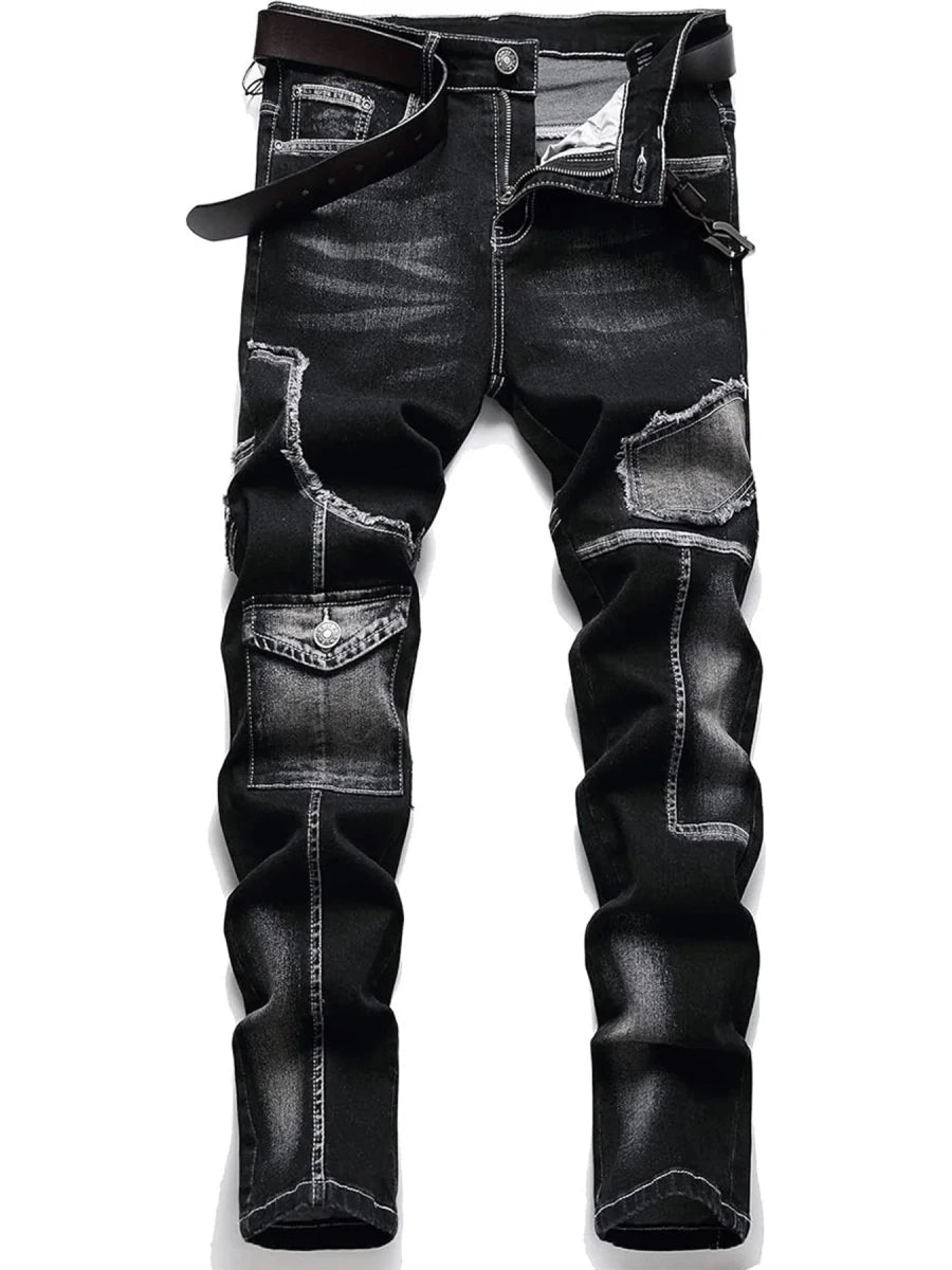 Men's Mid - High Waist Fringed Jeans - Streetwear Inspired, Solid Color, All Season Comfort