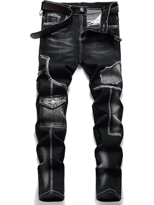 Men's Mid - High Waist Fringed Jeans - Streetwear Inspired, Solid Color, All Season Comfort