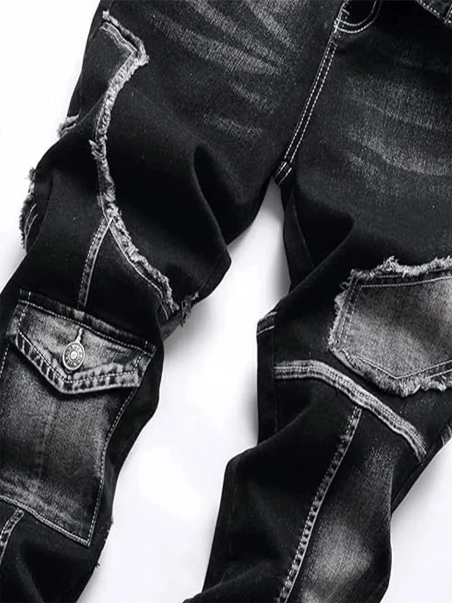 Men's Mid - High Waist Fringed Jeans - Streetwear Inspired, Solid Color, All Season Comfort