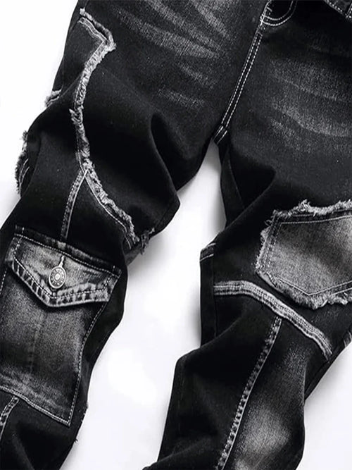 Men's Mid - High Waist Fringed Jeans - Streetwear Inspired, Solid Color, All Season Comfort