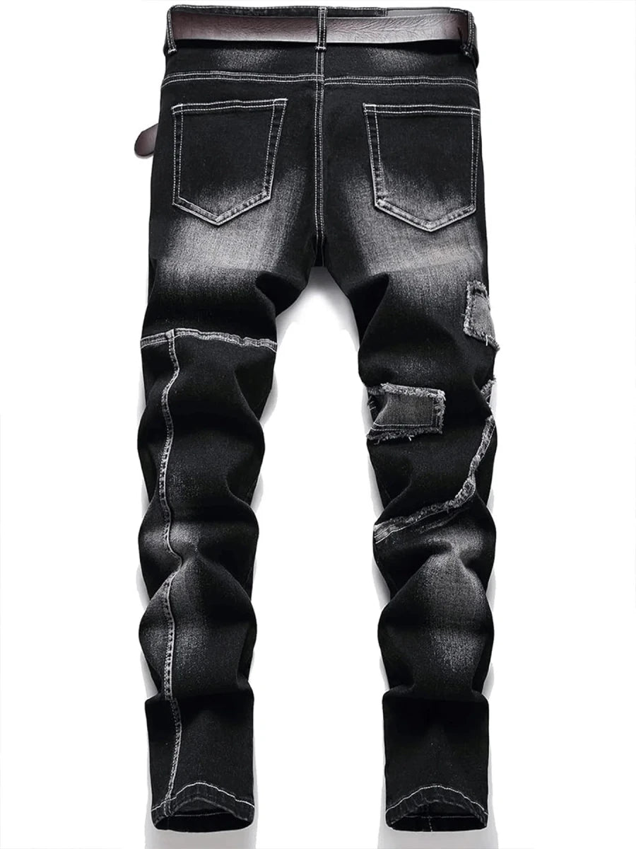 Men's Mid - High Waist Fringed Jeans - Streetwear Inspired, Solid Color, All Season Comfort