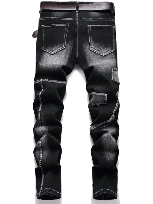 Men's Mid - High Waist Fringed Jeans - Streetwear Inspired, Solid Color, All Season Comfort