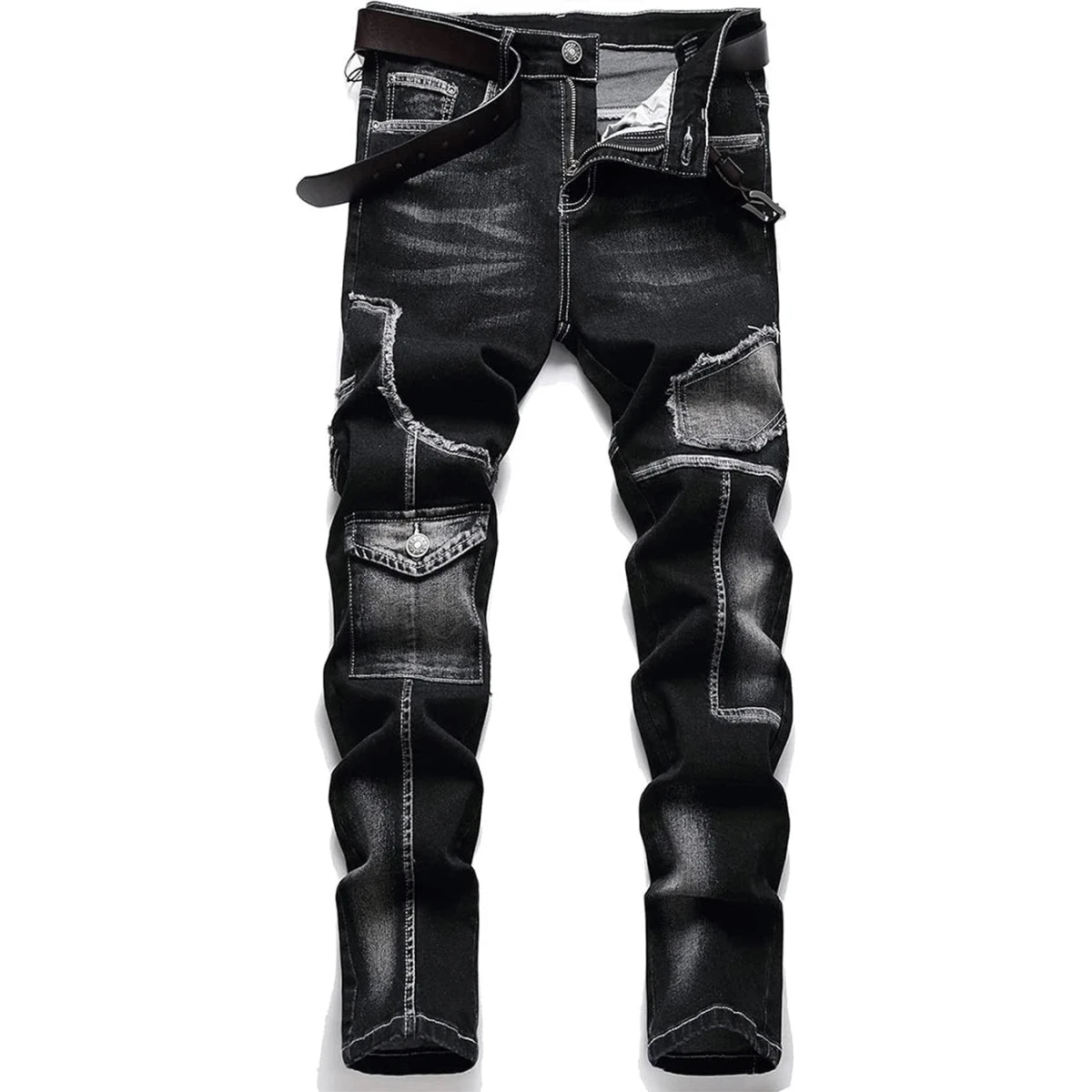 Men's Mid - High Waist Fringed Jeans - Streetwear Inspired, Solid Color, All Season Comfort