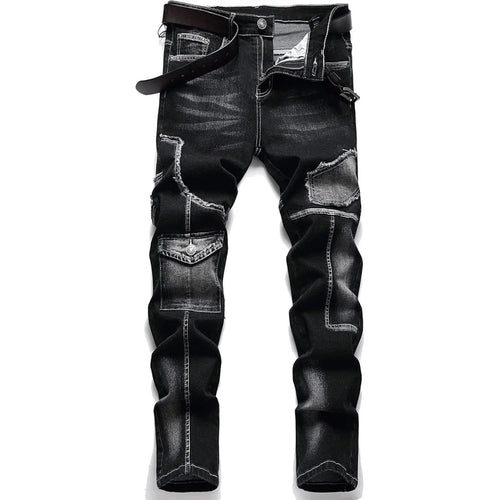 Men's Mid - High Waist Fringed Jeans - Streetwear Inspired, Solid Color, All Season Comfort